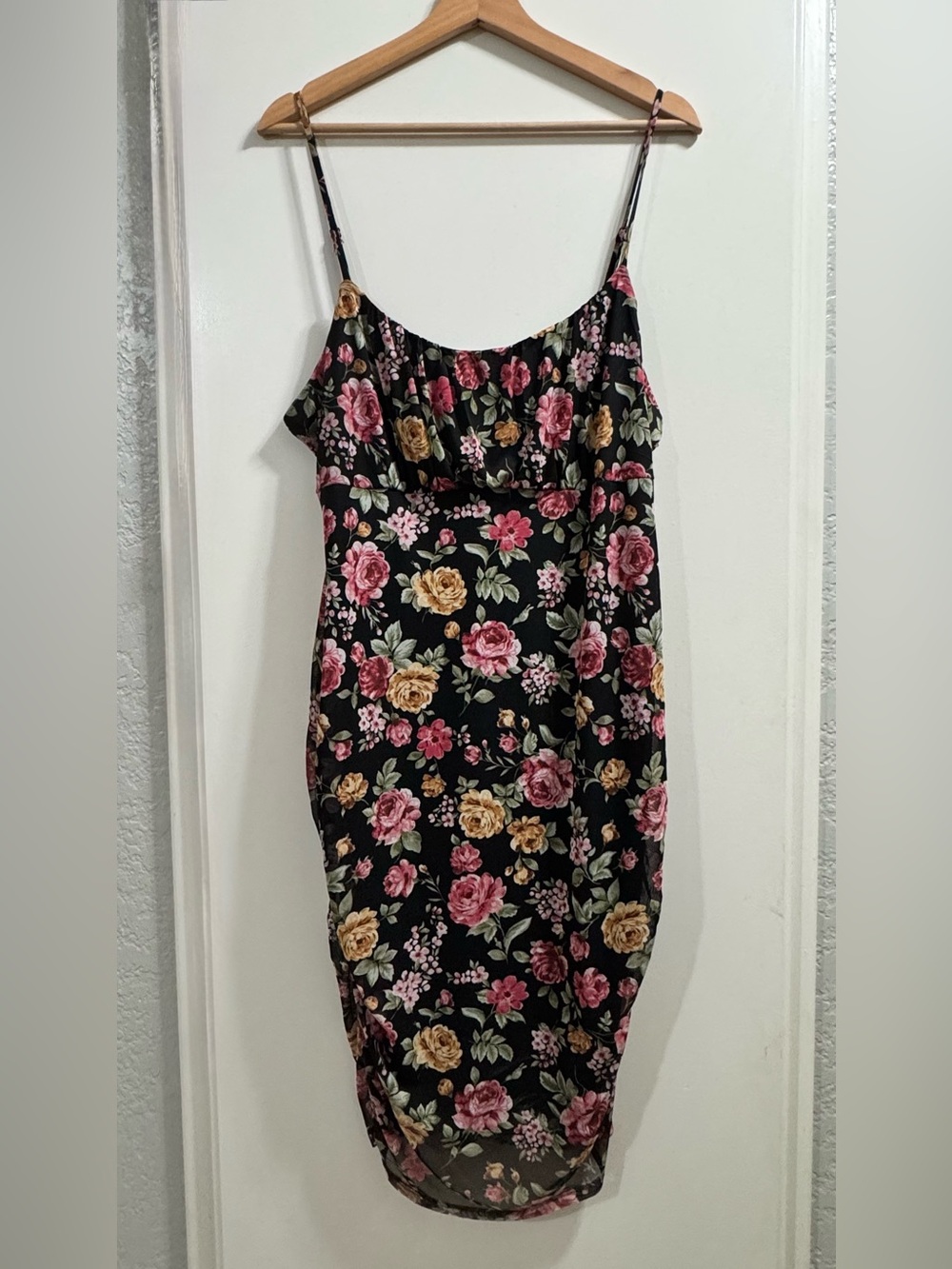 Black Floral Spaghetti-Strap Dress with Pink & Yellow Roses